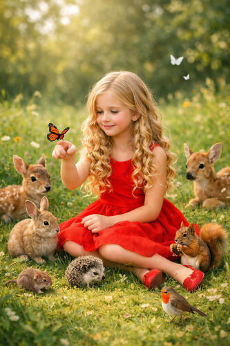 Mädchen im roten Kleid im Waldgarten